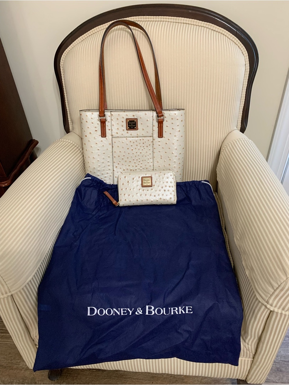 Dooney & Bourke White Ostrich-Embossed Tote with Brown Trim and Matching Wallet